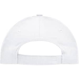 A white six-panel cap made from heavy cotton, featuring an adjustable back strap. It has a logo on the back.