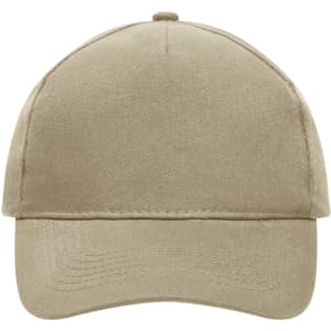 A beige five-panel cap made from heavy cotton, featuring a stitched visor and a logo on the front.