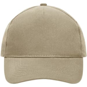 A heavy cotton 5-panel cap in a neutral beige colour, featuring a logo on the front.