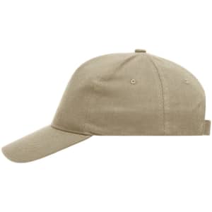 A beige heavy cotton 5 panel cap featuring a curved brim and a back strap, with a logo on the side.
