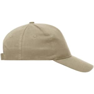 A beige 5 panel cap made of heavy cotton, featuring a curved brim and an adjustable strap at the back.