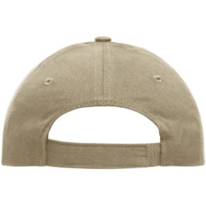 A heavy cotton, khaki 5-panel cap featuring a rear adjustable strap and a logo.