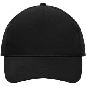 A black 5 panel cap made from heavy cotton, featuring a logo on the front.
