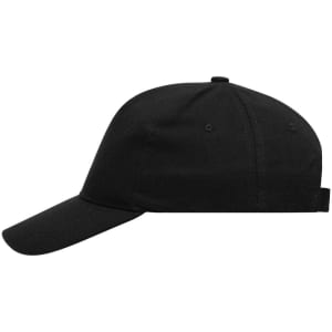 A black five-panel cap made from heavy cotton, featuring a adjustable strap and a logo on the front.