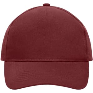 A heavy cotton 5 panel cap in burgundy with a structured design and a logo on the front.