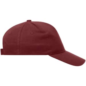 A maroon 5 panel cap made from heavy cotton, featuring a back strap and a logo.