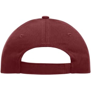 A heavy cotton, maroon 5-panel cap with a curved brim and adjustable back strap. Features a logo on the side.