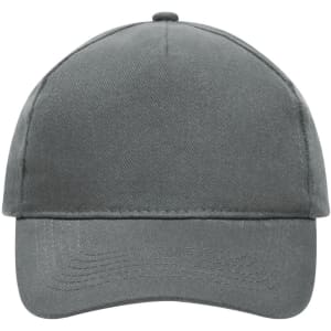 A grey heavy cotton 5 panel cap with a solid front and curved peak, featuring a logo on the side.