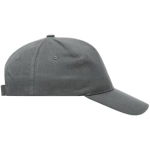 A grey 5-panel cap made of heavy cotton, featuring a back strap and a logo.