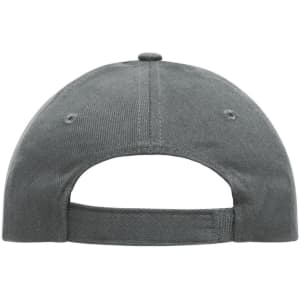 A grey 5 panel cap made of heavy cotton, featuring an adjustable strap and a logo on the back.