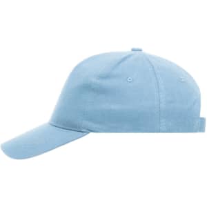 A light blue 5 panel cap made of heavy cotton, featuring a curved brim and an adjustable strap.