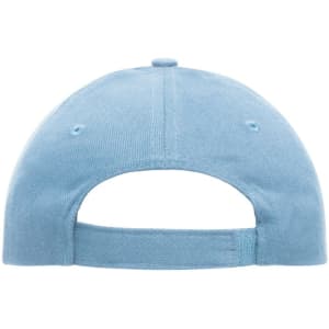A blue heavy cotton five-panel cap featuring an adjustable strap at the back and a logo.
