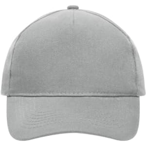 A grey 5 panel cap made of heavy cotton, featuring a branding logo on the front.