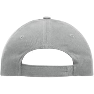 A grey heavy cotton 5 panel cap featuring a back strap adjustment and a button on top. It has a logo.