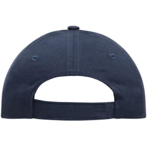 A navy blue 5 panel cap made of heavy cotton, featuring an adjustable strap at the back and a logo.