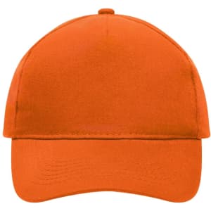 An orange 5-panel cap made of heavy cotton, featuring a curved brim and a logo on the front.