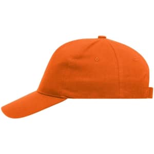 An orange 5 panel cap made of heavy cotton, featuring a logo on the front and an adjustable strap at the back.