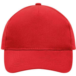 A red 5 panel cap made from heavy cotton, featuring a curved brim and a logo on the front.
