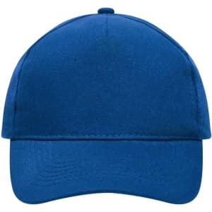 A blue five-panel cap made of heavy cotton, featuring a logo on the front.