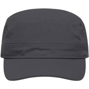 A military cap in dark grey with a flat brim and side ventilation holes. It features a logo on the front.