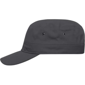 A grey military cap with ventilation holes and a curved brim, featuring a logo on the front.