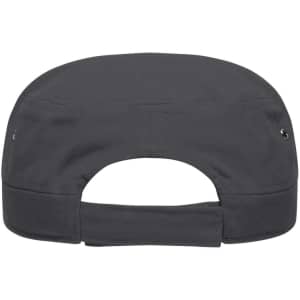 A black military cap featuring a back closure and ventilation eyelets. It has a logo on the side.