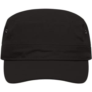 A black military cap featuring a flat crown and a short bill, with metal eyelets and a logo.