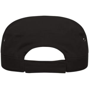 A black military cap featuring a rear adjustment strap and ventilation eyelets. It has a simple design and a logo.
