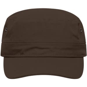 A military cap in dark brown with a curved visor and side ventilation holes, featuring a logo.