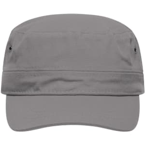 A grey military cap featuring a wide brim and side ventilation holes, with a logo on the front.