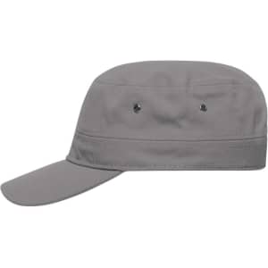 A grey military cap featuring a flat top and a curved brim, with ventilation eyelets on the sides.