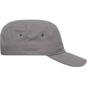 A military cap in grey featuring a flat top and a curved brim, with ventilation eyelets.