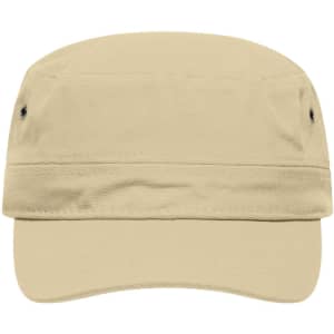 A military cap in khaki colour, featuring a flat brim and a branded logo on the front.