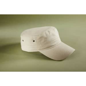 A beige military cap with a flat crown and extended peak, featuring subtle vent holes and a logo.