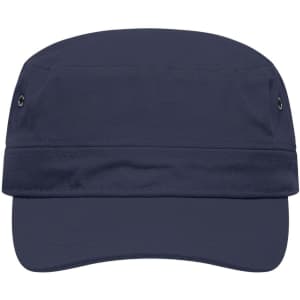 A navy military cap with a structured crown and a wide brim. It features ventilation grommets and includes a logo.