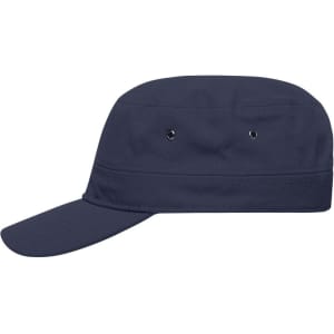 A military cap in navy blue with a flat brim and ventilation holes. Features branding on the side.