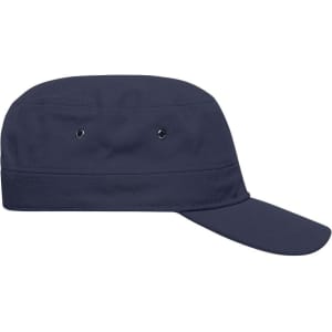 A navy military cap with a flat brim and eyelets for ventilation. Features a simple design with a branded logo.