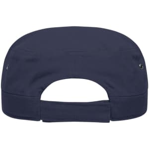 A navy military cap with a rear opening and ventilation holes, featuring a logo.