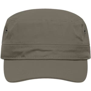 A military cap in olive green with a structured design and a peak. Features ventilation eyelets and a logo.