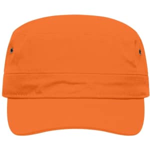 An orange military cap with a flat visor and a structured design, featuring small ventilation holes.