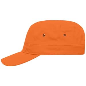 An orange military cap featuring a flat crown and a curved brim, with ventilation eyelets on the sides.