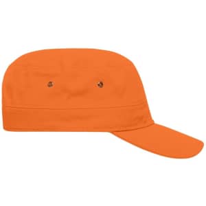 An orange military cap featuring a flat top and a curved brim, with eyelets for ventilation.