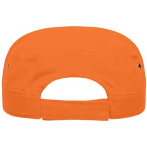 An orange military cap featuring a plain design and an adjustable strap at the back.