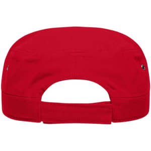 A red military cap with a back adjuster and ventilation eyelets. It features a branding logo.