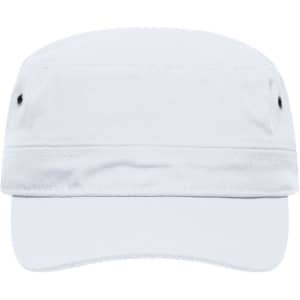 A white military cap featuring a flat visor and vents on the sides. It has a logo on the front.