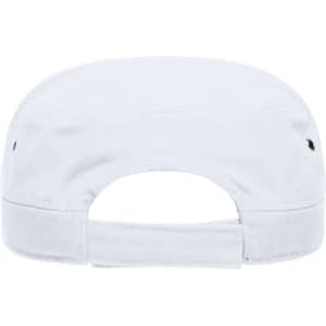A white military cap featuring a branded logo on the back and an adjustable strap.