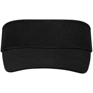 A black fashion sunvisor with a wide brim and a minimalist design. It features a logo on the front.
