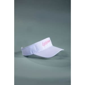 A white sun visor with a pink logo on the front, featuring a curved brim and adjustable strap.