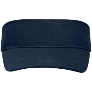 A navy blue sunvisor with a wide brim and adjustable band. It features a logo on the front.