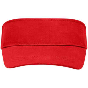 A red sunvisor with a wide brim and a band around the head. It features a logo on the front.